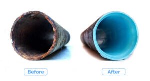 Rhino Rooter shows a pipe before and after repair. The first pipe is damaged, while the second is clean and fixed with a new lining.