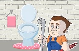 Rhino Rooter plumber ready to fix a toilet, showing expert help for drain cleaning or pipe repairs.