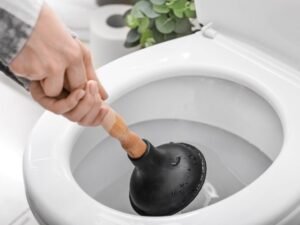 Rhino Rooter expert plumber helps unclog a toilet, showing prompt, professional plumbing service.