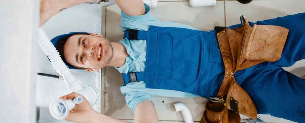 A Rhino Rooter plumber is ready to fix pipes under a sink in West Haven, Utah.