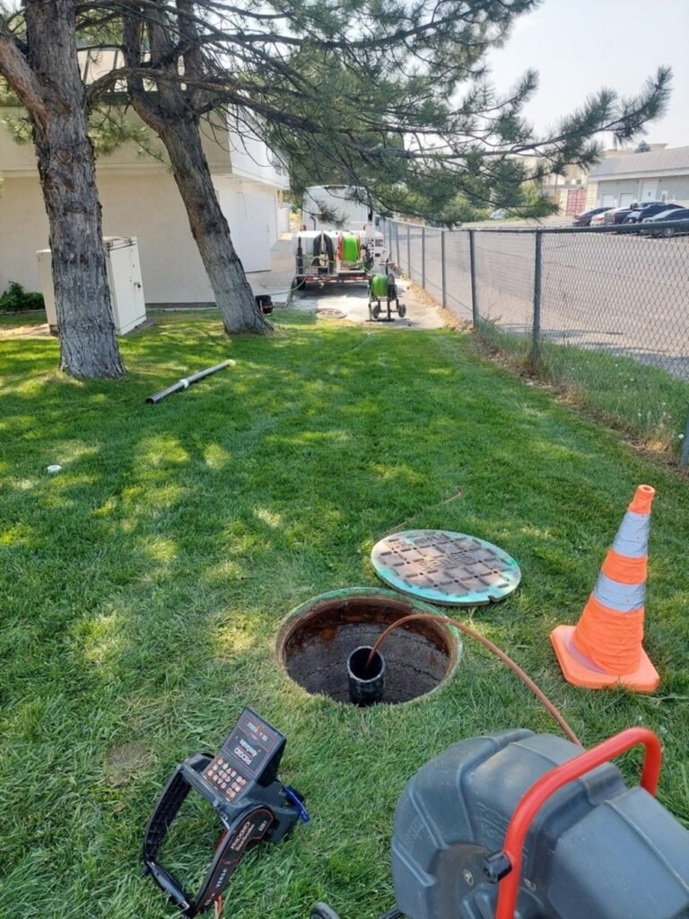 Two Rhino Rooter workers fix a drain near a building, using equipment and tools to clean pipes or replace them.
